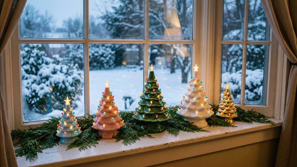 Ceramic Christmas tree collection of five mini trees in green, white, pink and gold on a windowsill