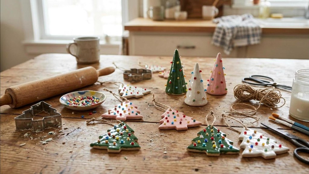 Handmade air dry clay tree ornaments with colorful bead bulbs and twine loops on a wooden table
