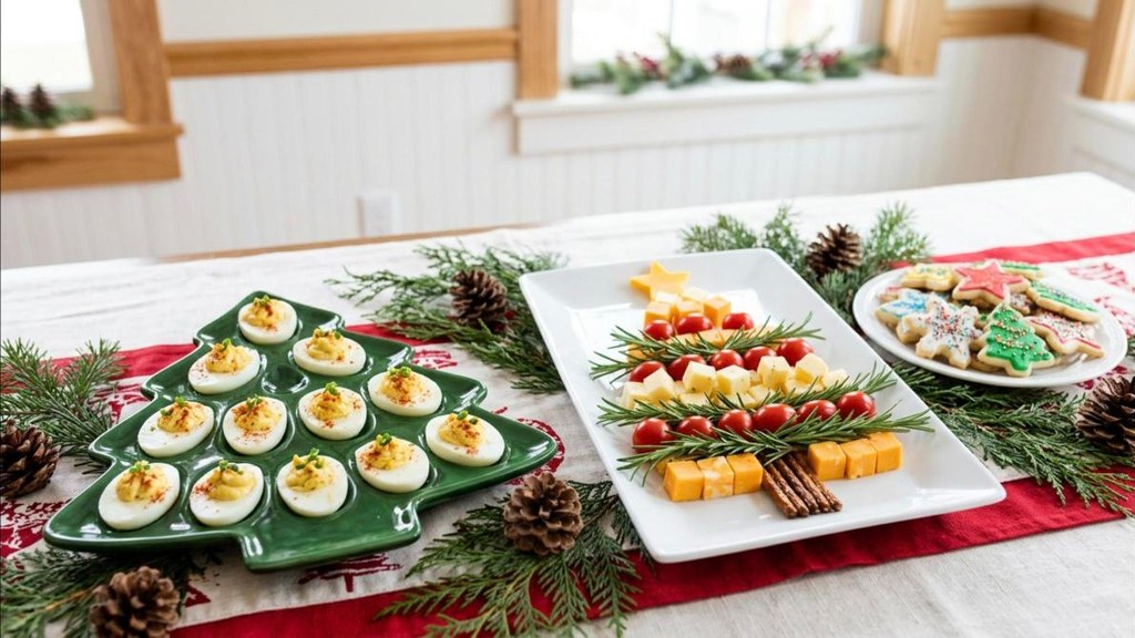 Tree shaped ceramic deviled egg platter and tree cookie plate on a festive buffet table