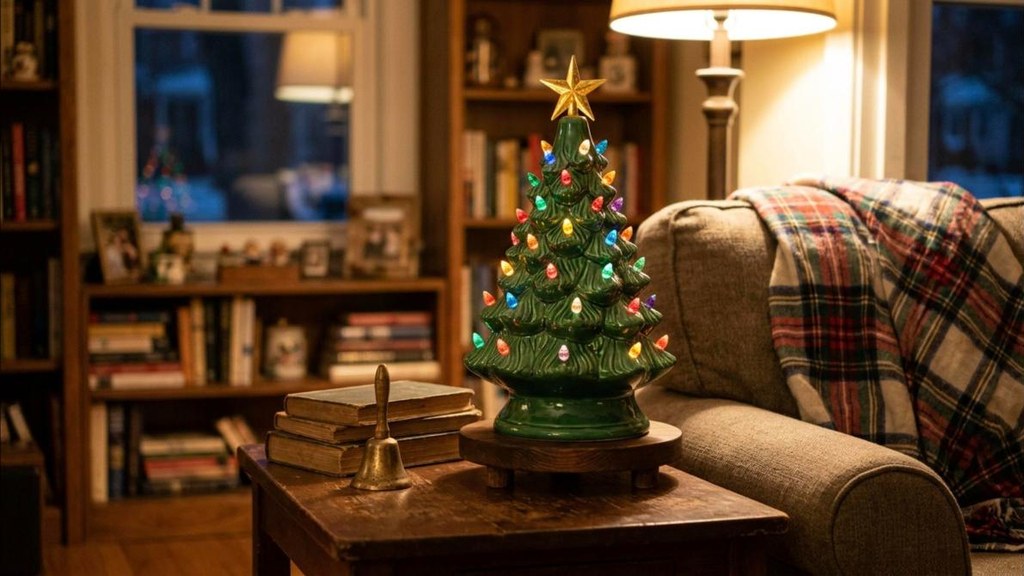 Ceramic Christmas tree lookalike on a wooden riser with a vintage style star on a living room side table