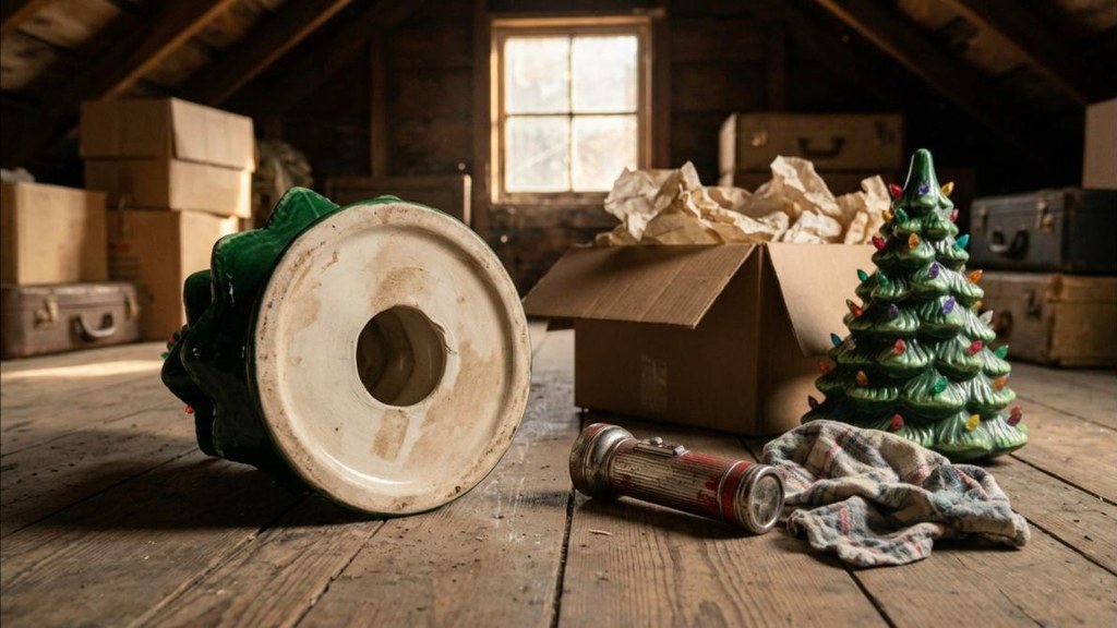 Upturned vintage ceramic Christmas tree base where maker marks are found, beside a flashlight