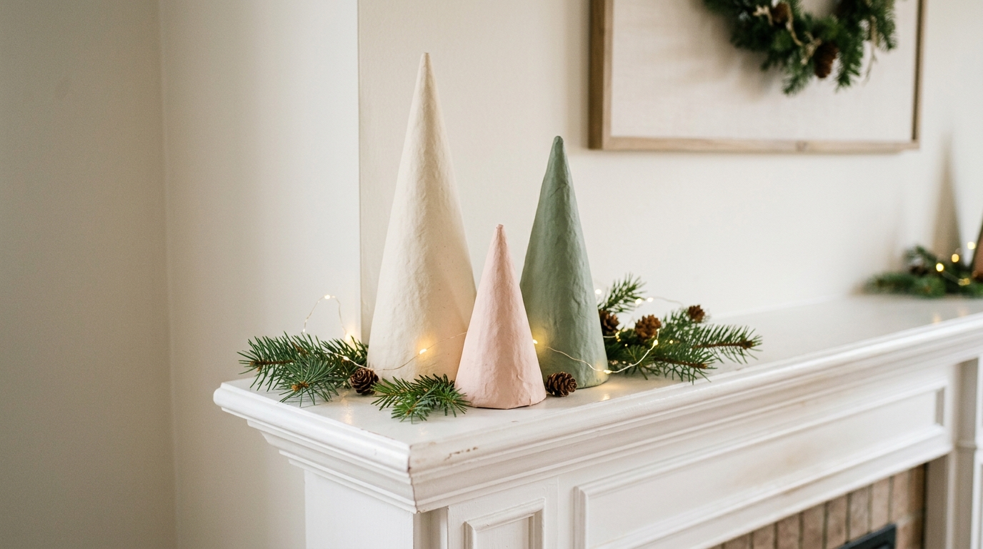 Three paper mache cone Christmas trees painted cream, sage and blush with a textured finish on a mantel