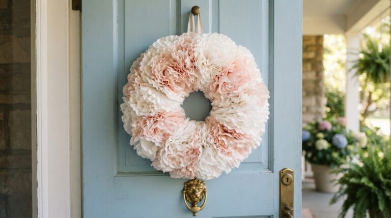 Coffee filter crafts: a ruffled white and blush coffee filter wreath on a pale blue door