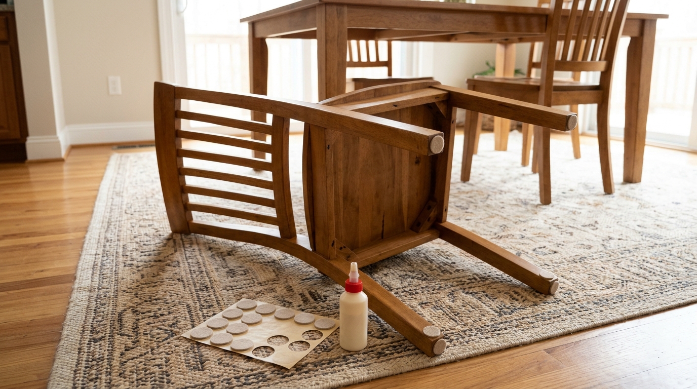 Dining chair on its side with felt pads on the legs