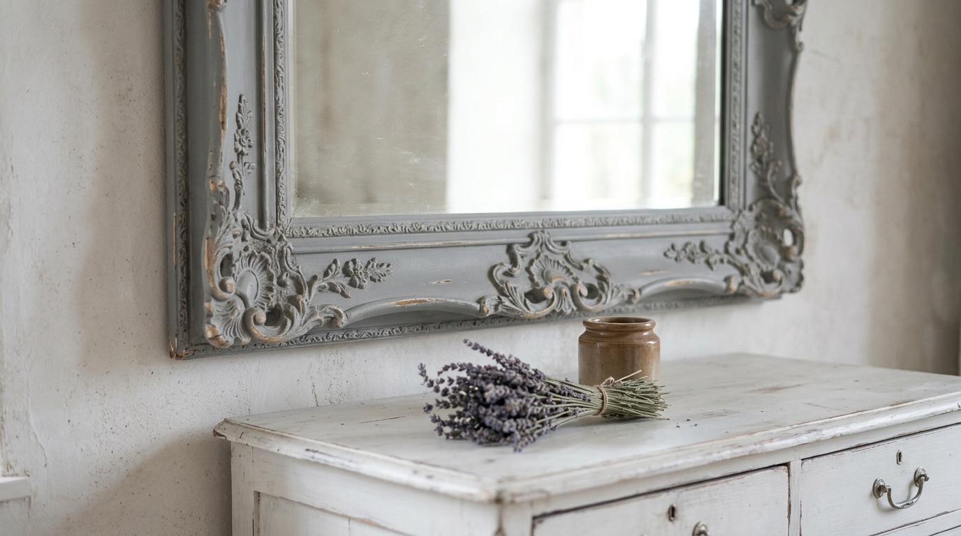 Ornate wall mirror painted chalky French grey with distressed edges above a white dresser