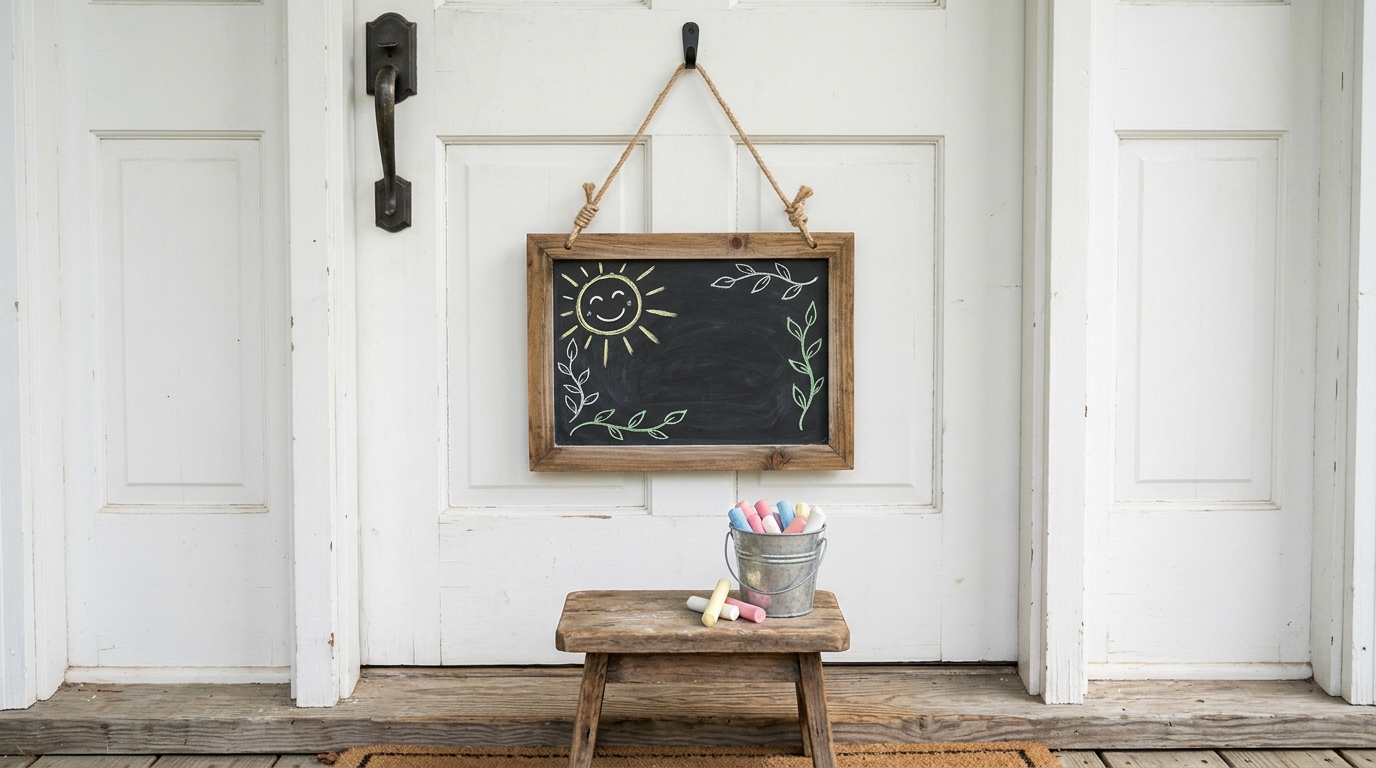 A small framed chalkboard hanging on a white door with a chalk sun drawing and a bucket of chalk below