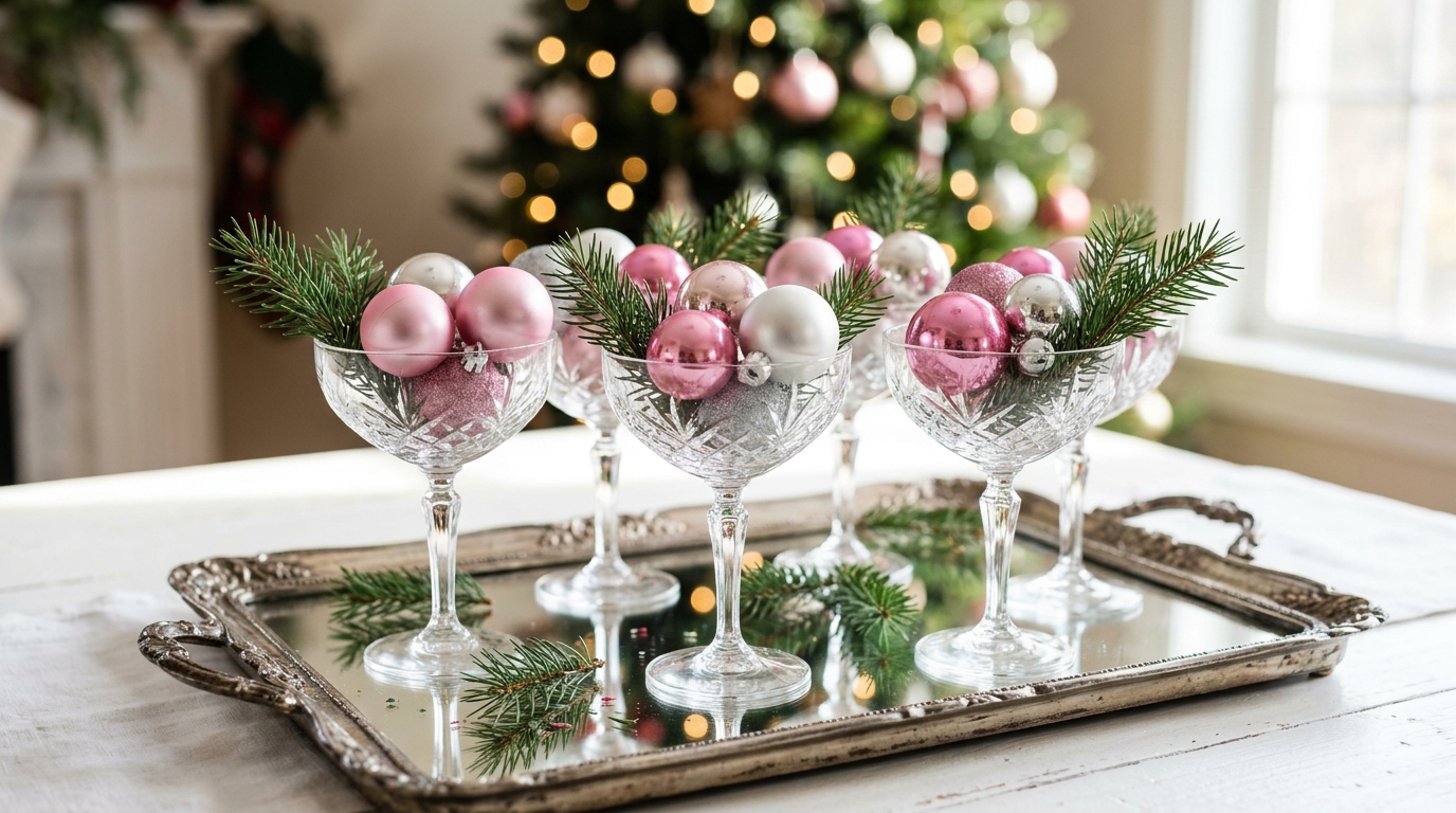 Mariah Carey Christmas decor idea with vintage coupe glasses holding pink ornaments on a mirrored tray