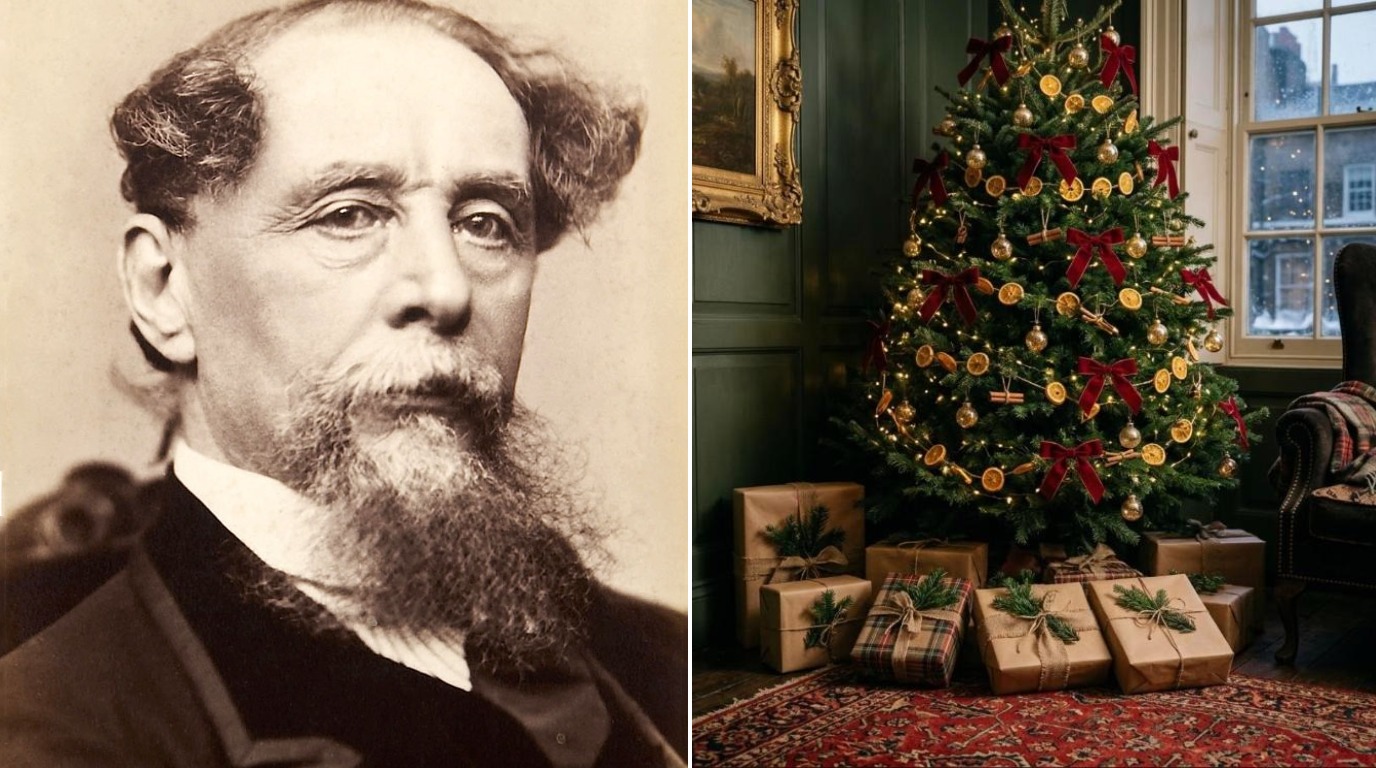 Charles Dickens Christmas: a portrait of Charles Dickens beside a Victorian Christmas tree corner with velvet bows and brown paper presents