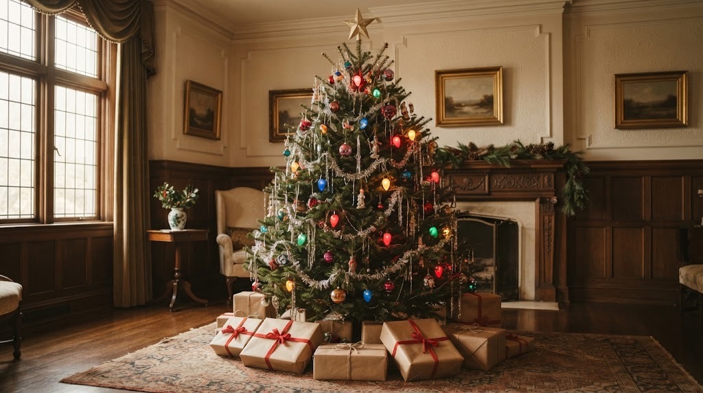 Vintage 1920s style Christmas tree with glass ornaments, tinsel and colored bulbs