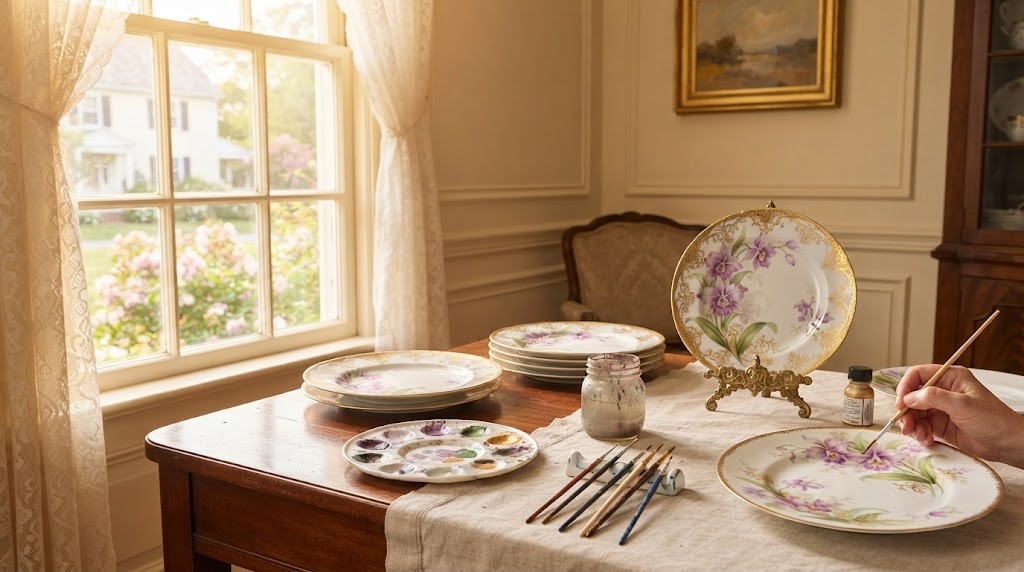 White porcelain plates being hand painted with purple orchids and gold rims beside brushes