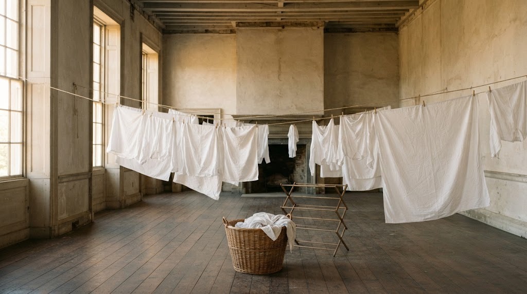 Linen sheets and shirts drying on clotheslines in a grand empty historic hall