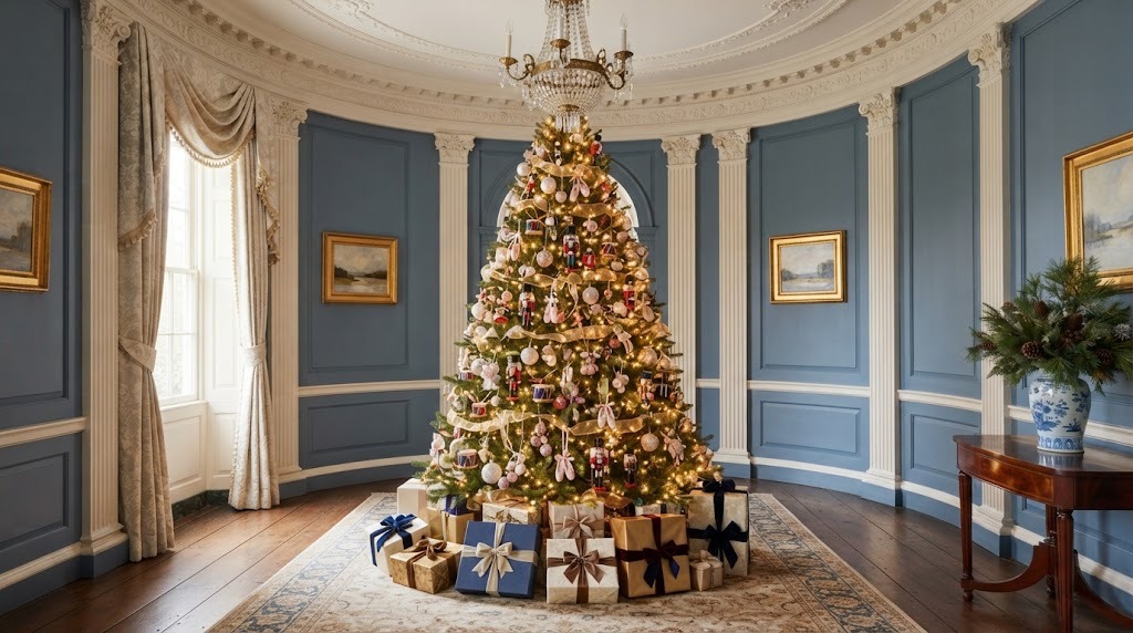 Christmas tree with a nutcracker ballet theme, toy soldiers and sugar plum ornaments in a blue room