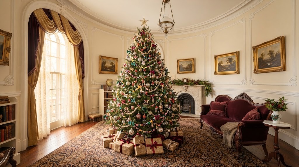 Charming White House style Victorian Christmas tree with paper chains, popcorn garland and small wooden toys