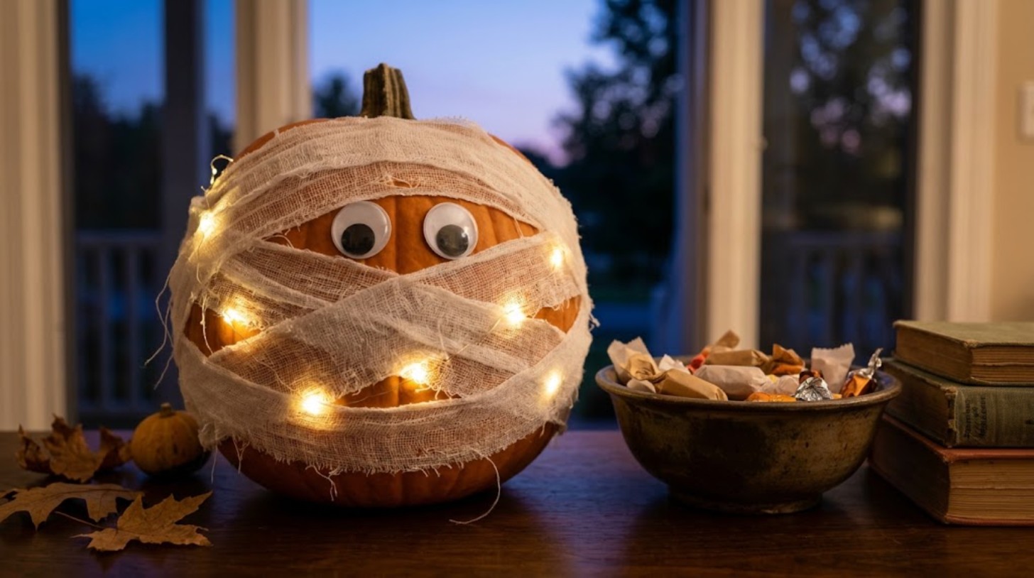 No-carve pumpkin ideas: pumpkin wrapped in cheesecloth with googly eyes and glowing LED fairy lights