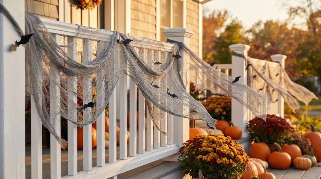 Gray cheesecloth draped in spooky swags along a white porch railing