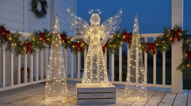 Chicken Wire Crafts: a glowing chicken wire angel and two cone trees with LED fairy lights on a front porch at dusk
