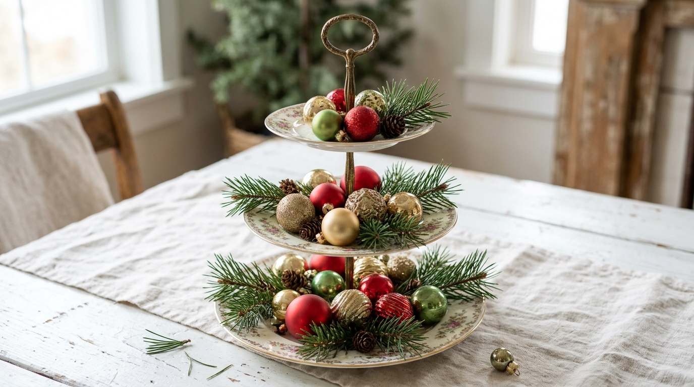 Vintage china Christmas decor idea: a three tier china cake stand filled with Christmas ornaments