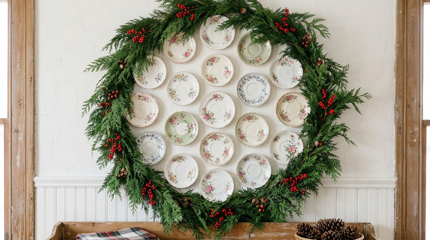 Vintage floral saucers arranged in a circle on a wall inside a cedar garland