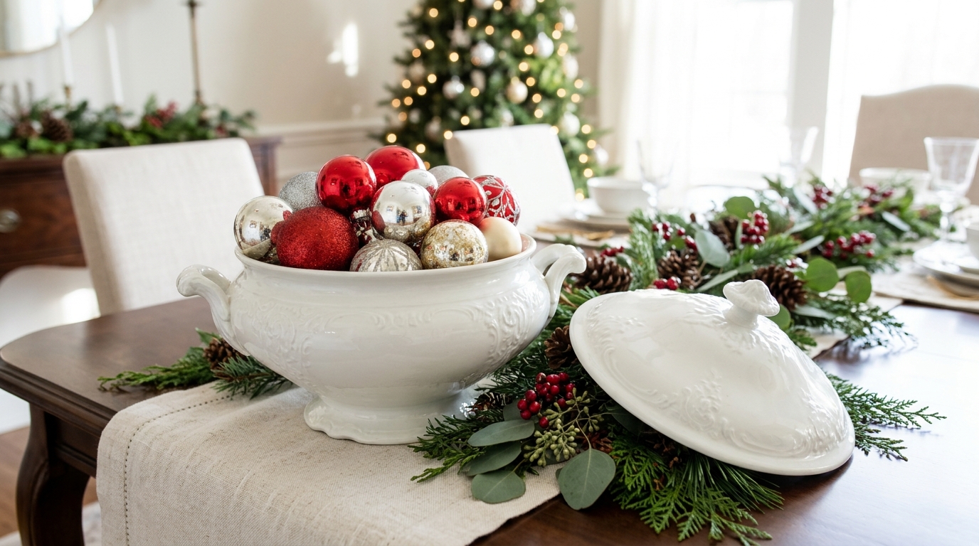 White vintage soup tureen filled with red, silver and gold ornaments
