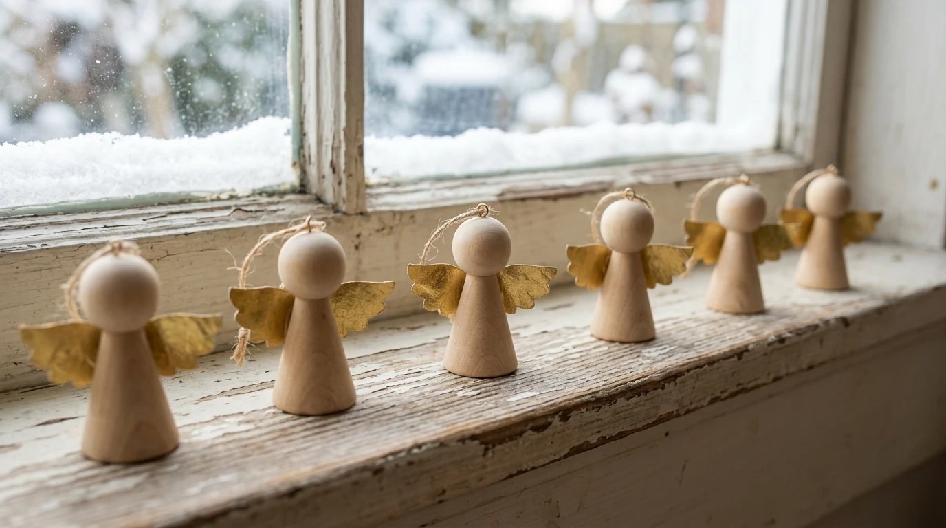Tiny handmade angels made from wooden cones and round wooden beads with gold paper wings lined up on a snowy windowsill