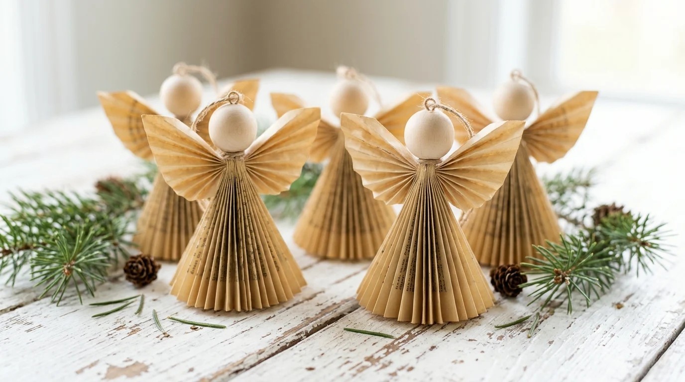 Christmas Angel Crafts made from folded old book pages with pleated paper skirts and wooden bead heads on a white table