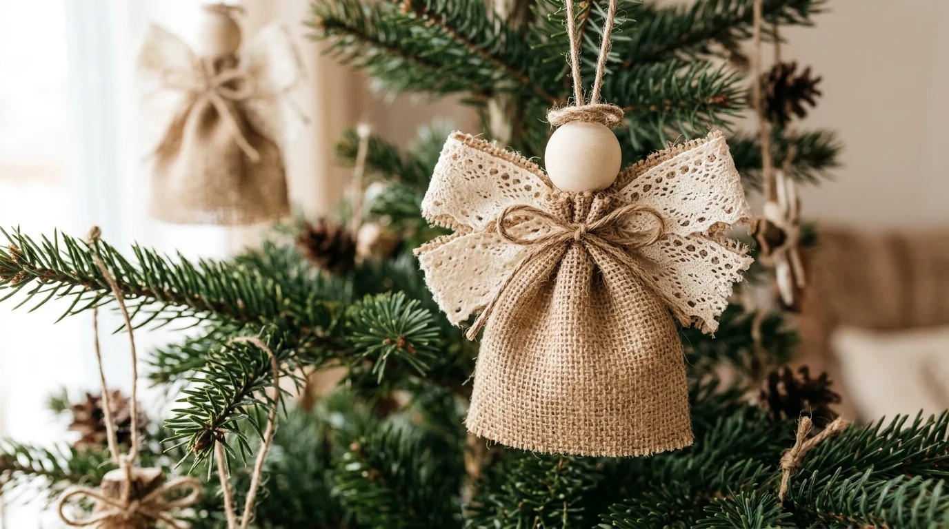 Christmas Angel Crafts: rustic burlap angel ornament with cream lace wings and a twine bow on a Christmas tree