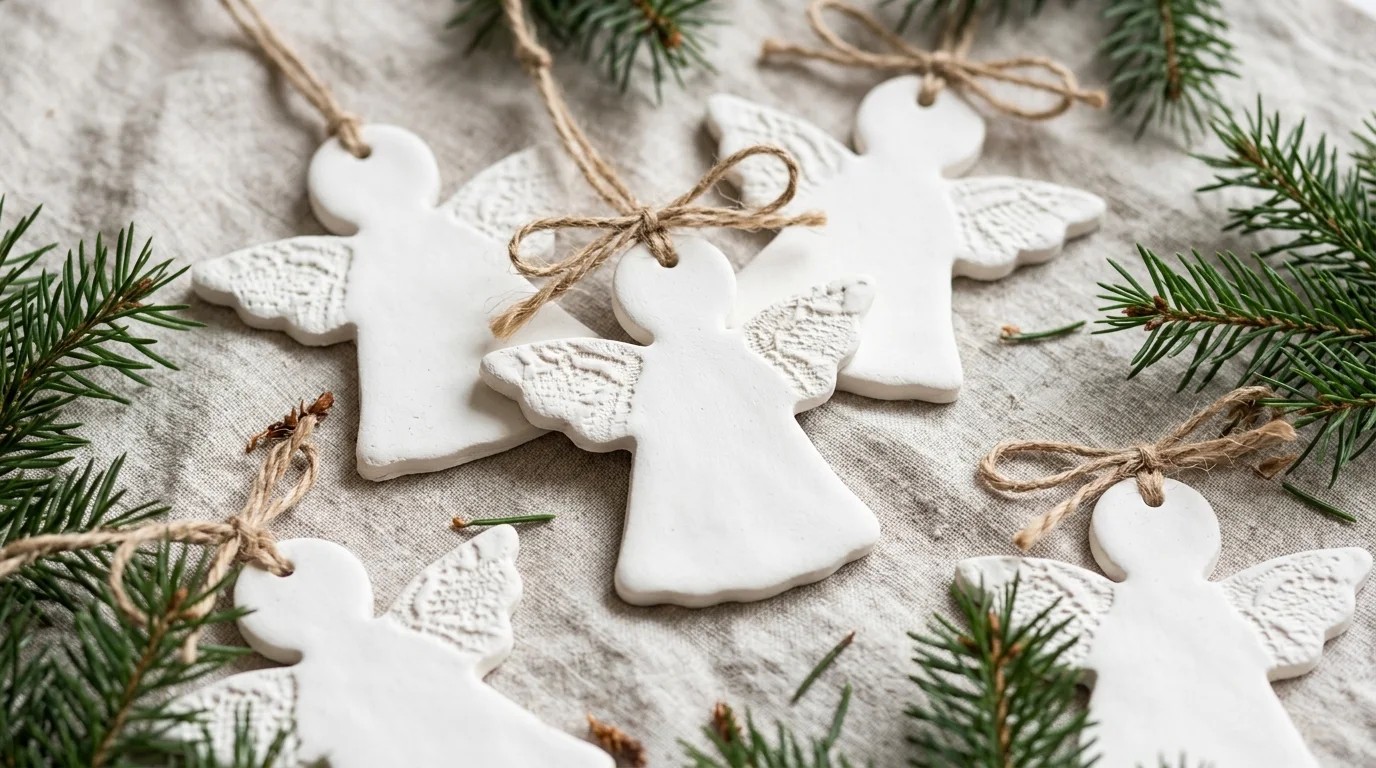Christmas Angel Crafts: white air dry clay angel ornaments with lace textured wings tied with twine on a linen cloth