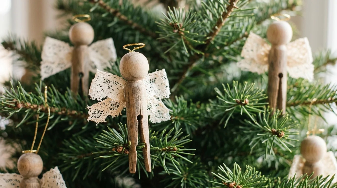 Wooden clothespin angels with white lace bow wings and gold thread halos clipped onto pine branches