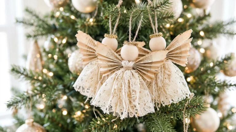 Christmas Angel Crafts: handmade angel ornaments with lace skirts, book page wings and wooden bead heads on a softly lit tree