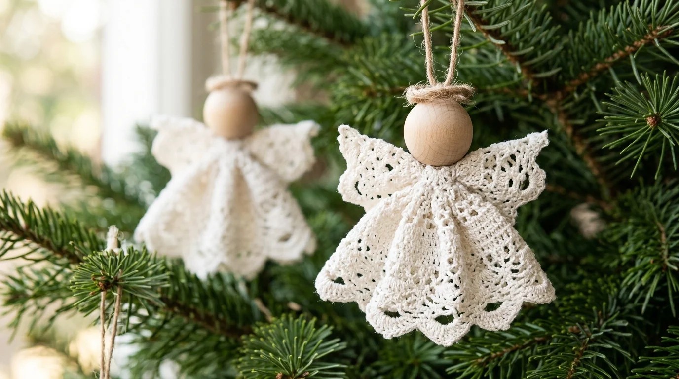 Christmas Angel Crafts: white crochet lace doily angels with wooden bead heads hanging on a green Christmas tree
