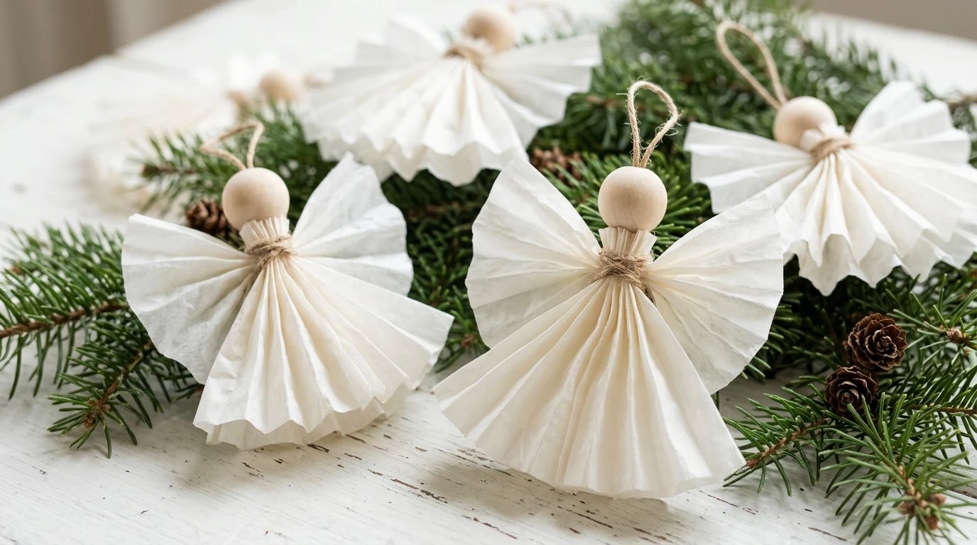 Soft white angel ornaments made from ruffled paper coffee filters with wooden bead heads on a white table with pine