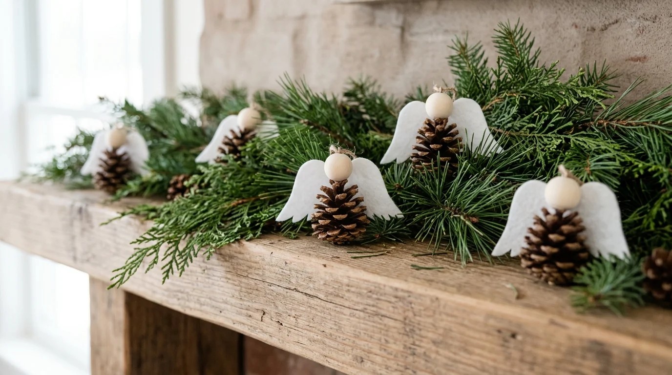 Pine cone angel ornaments with wooden bead heads and white felt wings arranged on a rustic wooden mantel with greenery