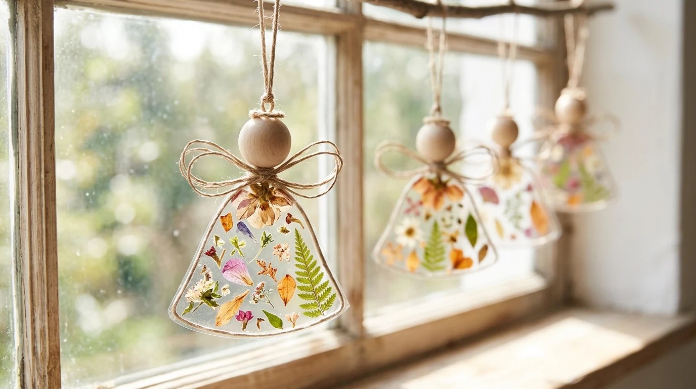 Christmas Angel Crafts: angel ornaments with skirts of pressed flowers and leaves sealed in clear film hanging in a sunny window
