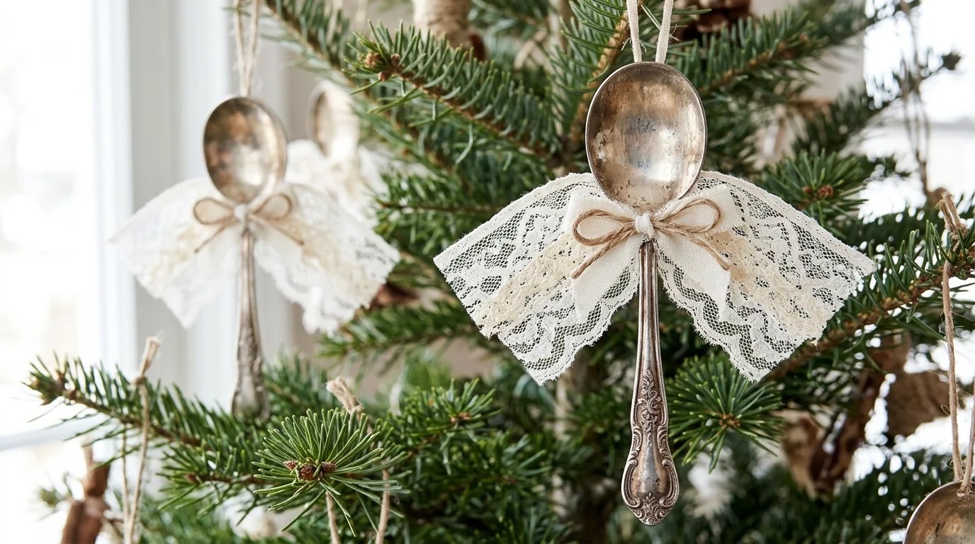Vintage silver plated spoon angel ornament with white lace wings and a twine bow hanging on a Christmas tree