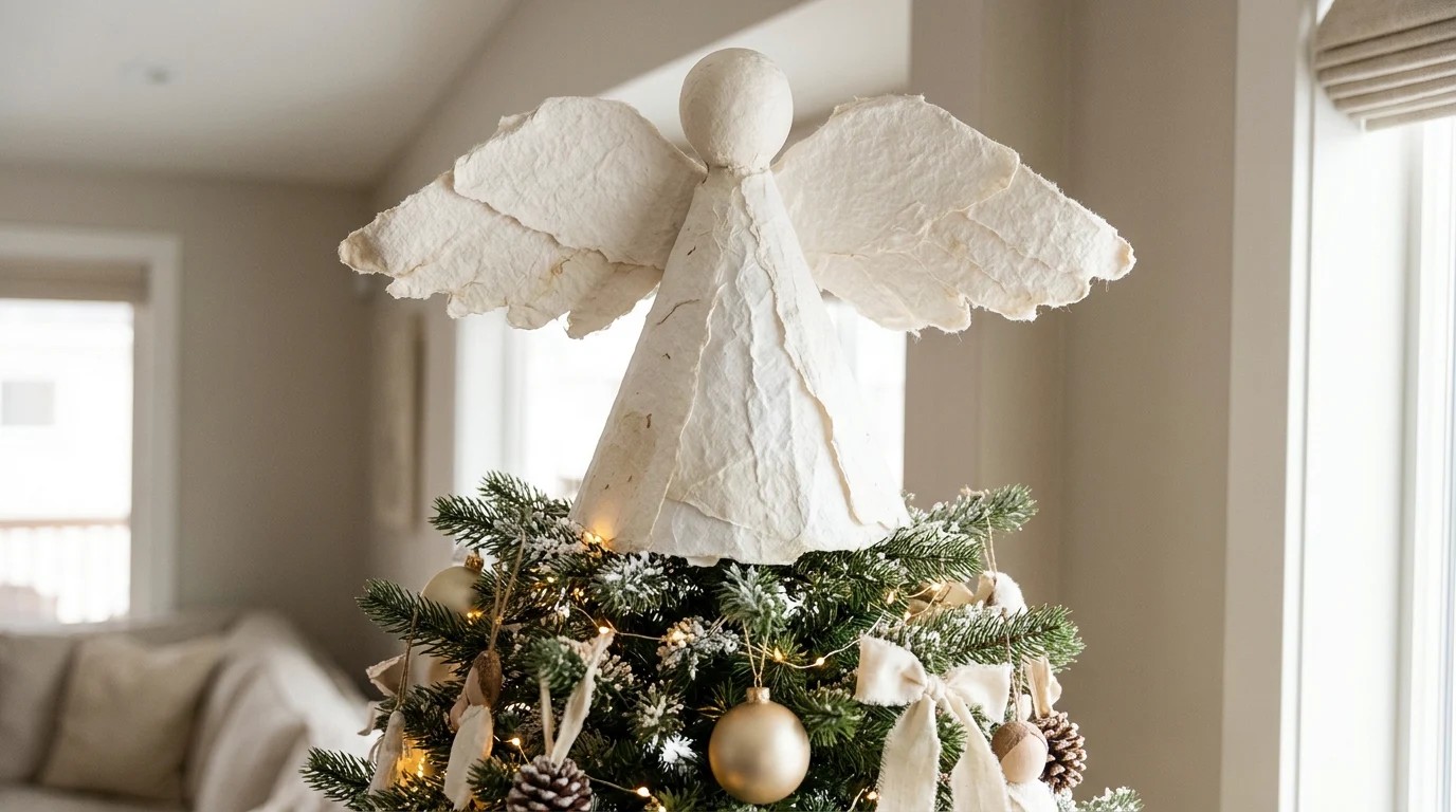 Large white paper mache angel tree topper with textured paper wings on a tree with gold ornaments and warm lights