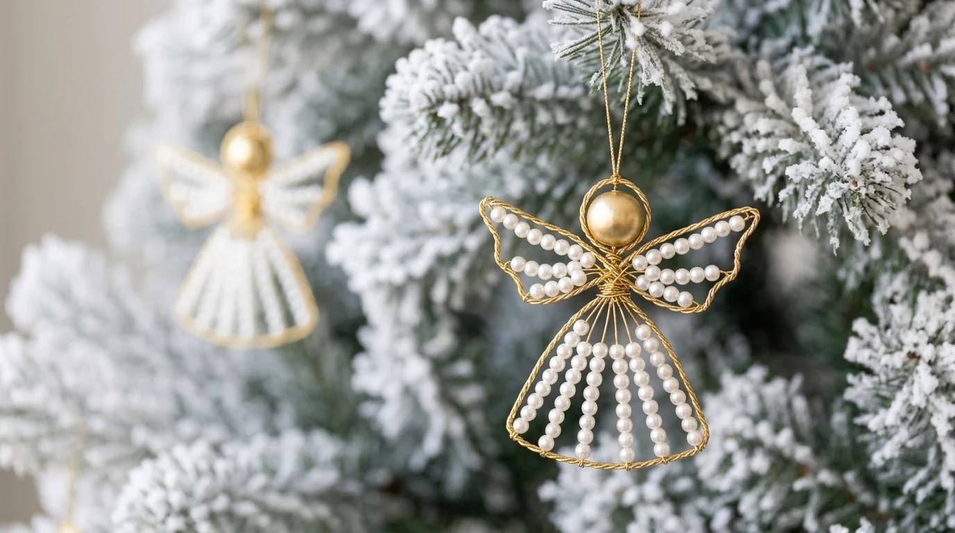 Delicate angel ornament shaped from gold wire and strung with white pearl beads hanging on a frosted Christmas tree