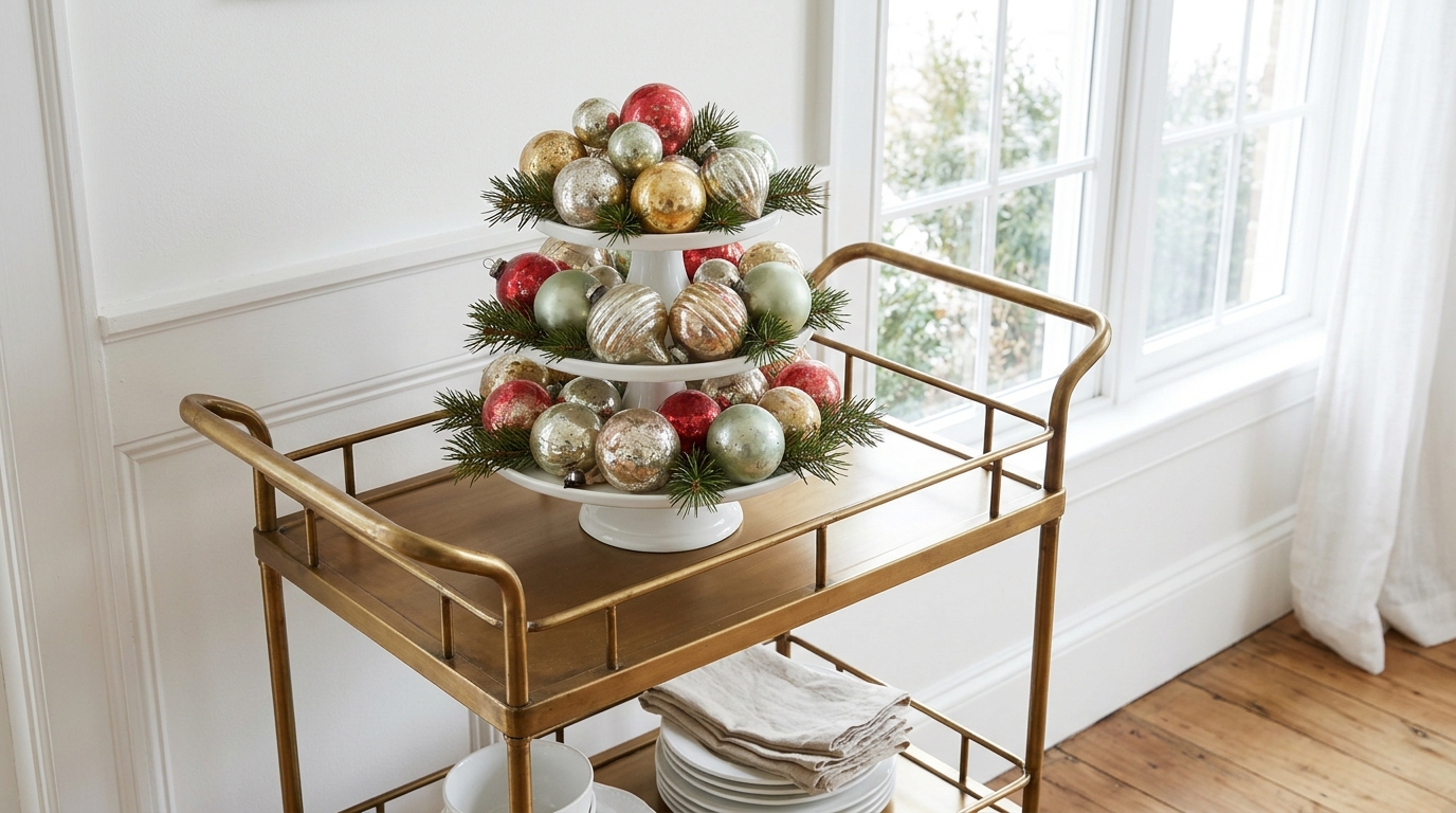 Three tier white cake stand piled with vintage glass ornaments on a brass shelf
