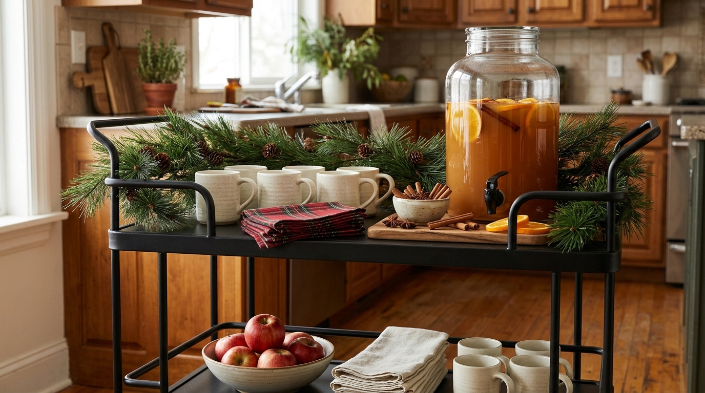 Black metal trolley set up with a glass dispenser of apple cider, orange slices and cream mugs