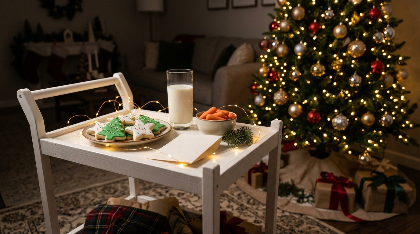 White wooden trolley beside a tree with star cookies, a glass of milk and carrots for reindeer