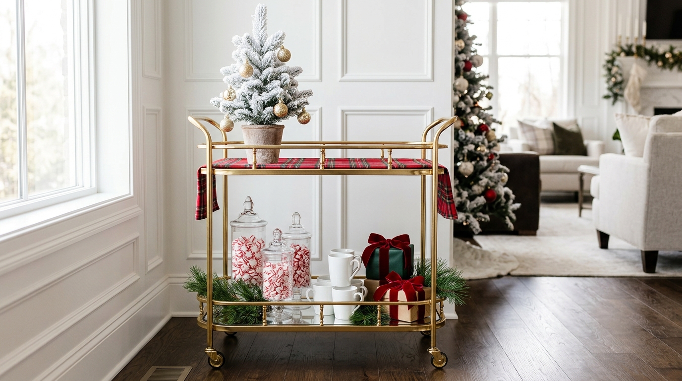 Christmas Bar Cart Ideas with a gold two tier cart, flocked mini tree, plaid runner and peppermint jars