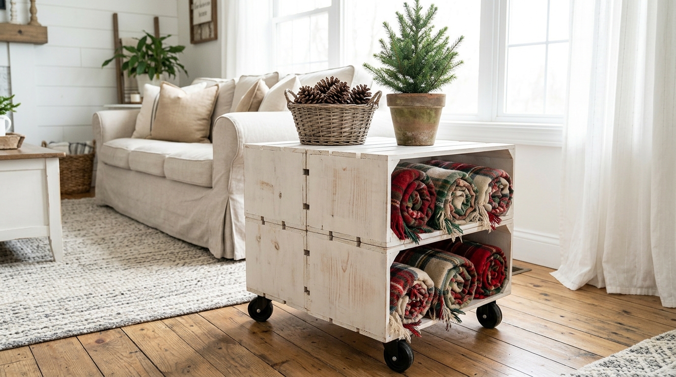 Two white painted wooden crates stacked on black wheels holding plaid blankets and pine cones