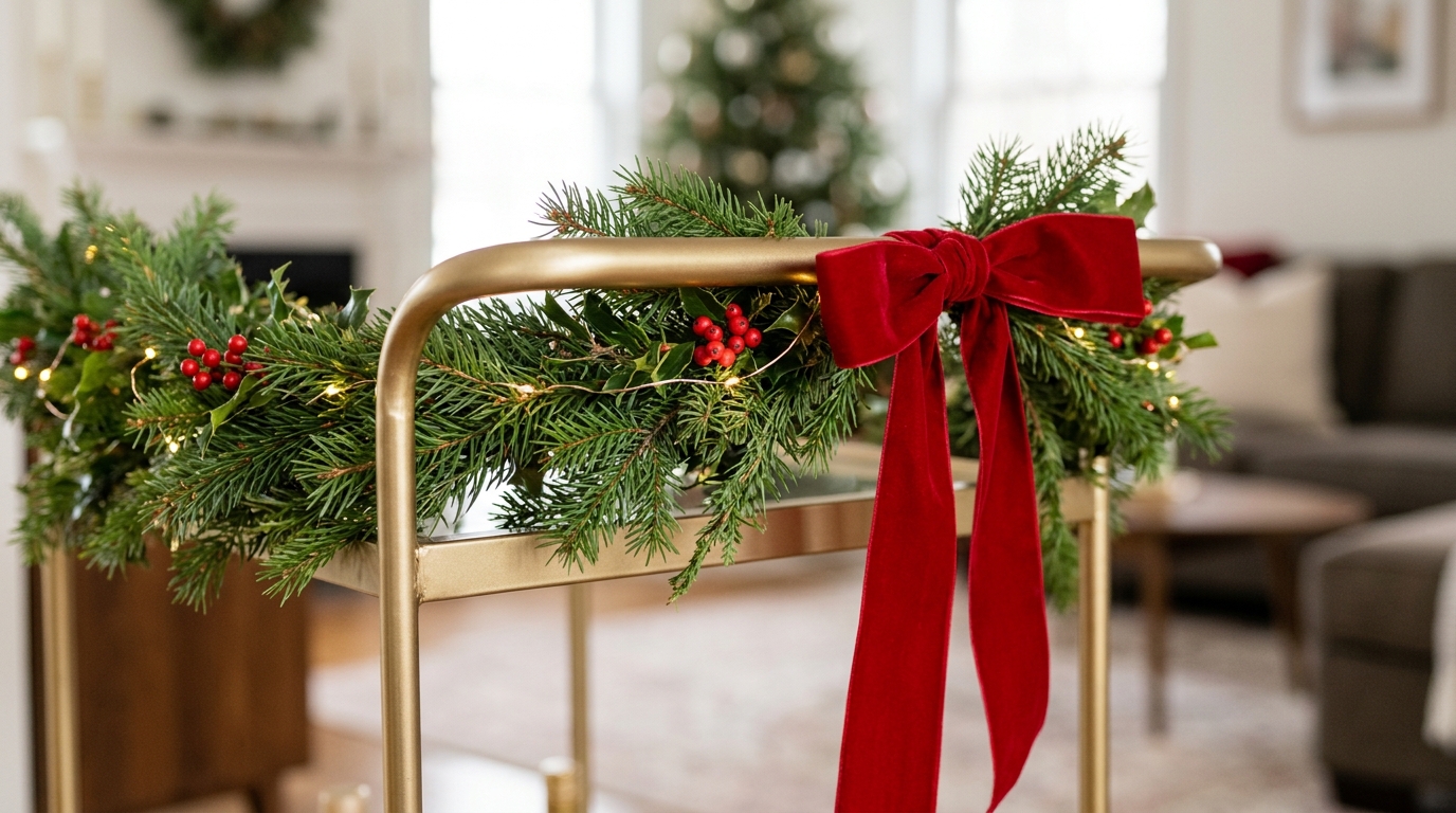 Pine garland with a red velvet bow and tiny lights wrapped around a gold handle