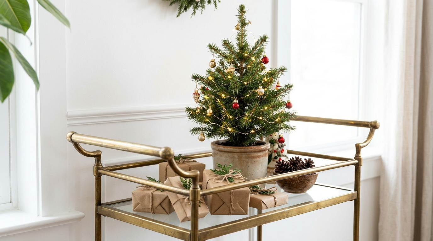 Christmas Bar Cart Ideas showing a small potted tree with gold and red ornaments on a brass top shelf