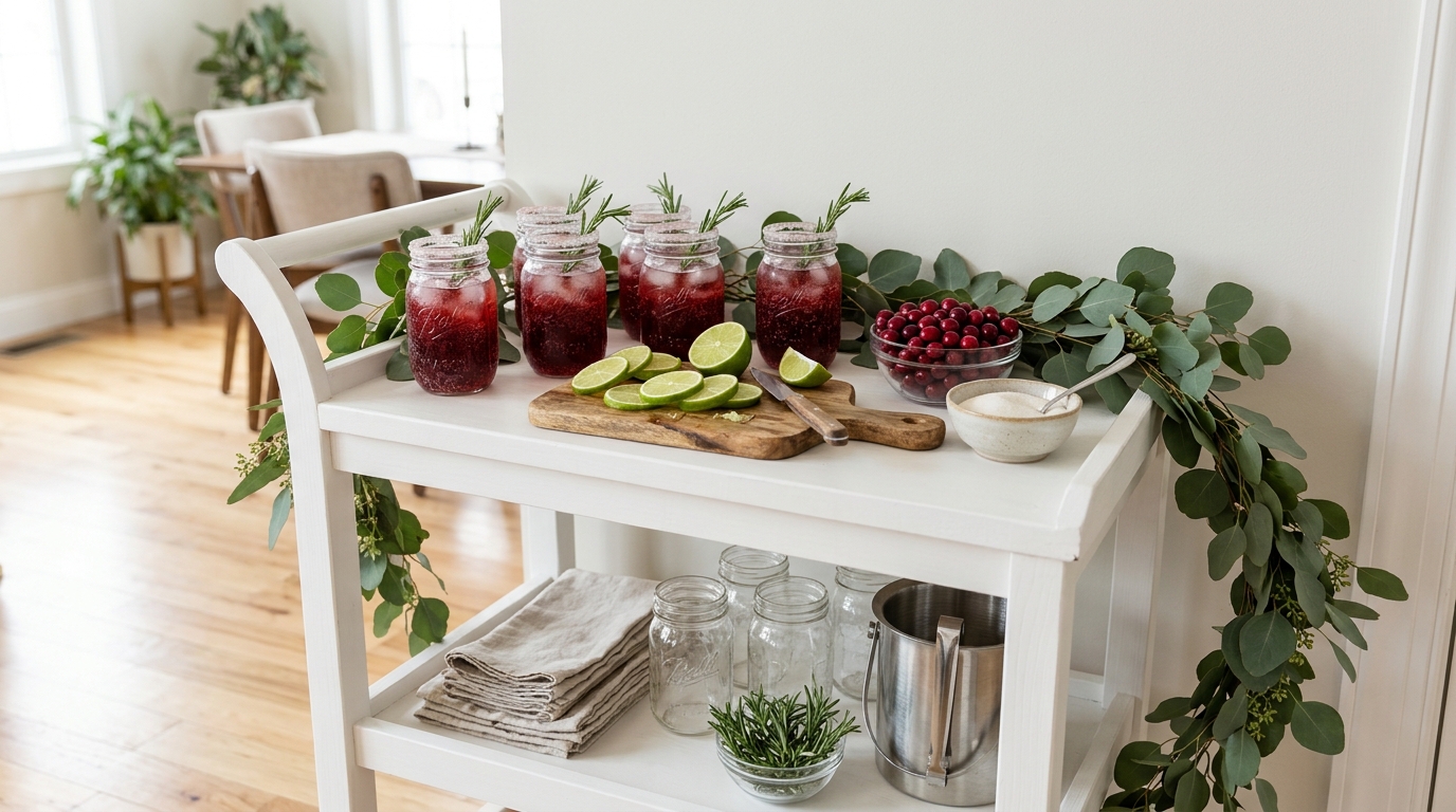 White wooden trolley with sugared rim jars of cranberry sparkling juice and rosemary sprigs