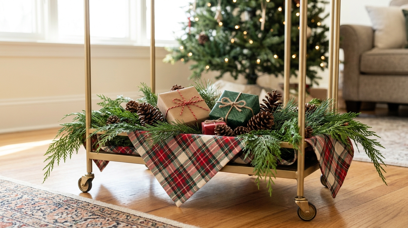Christmas Bar Cart Ideas lower tier with a red and green plaid runner, cedar, pine cones and gifts