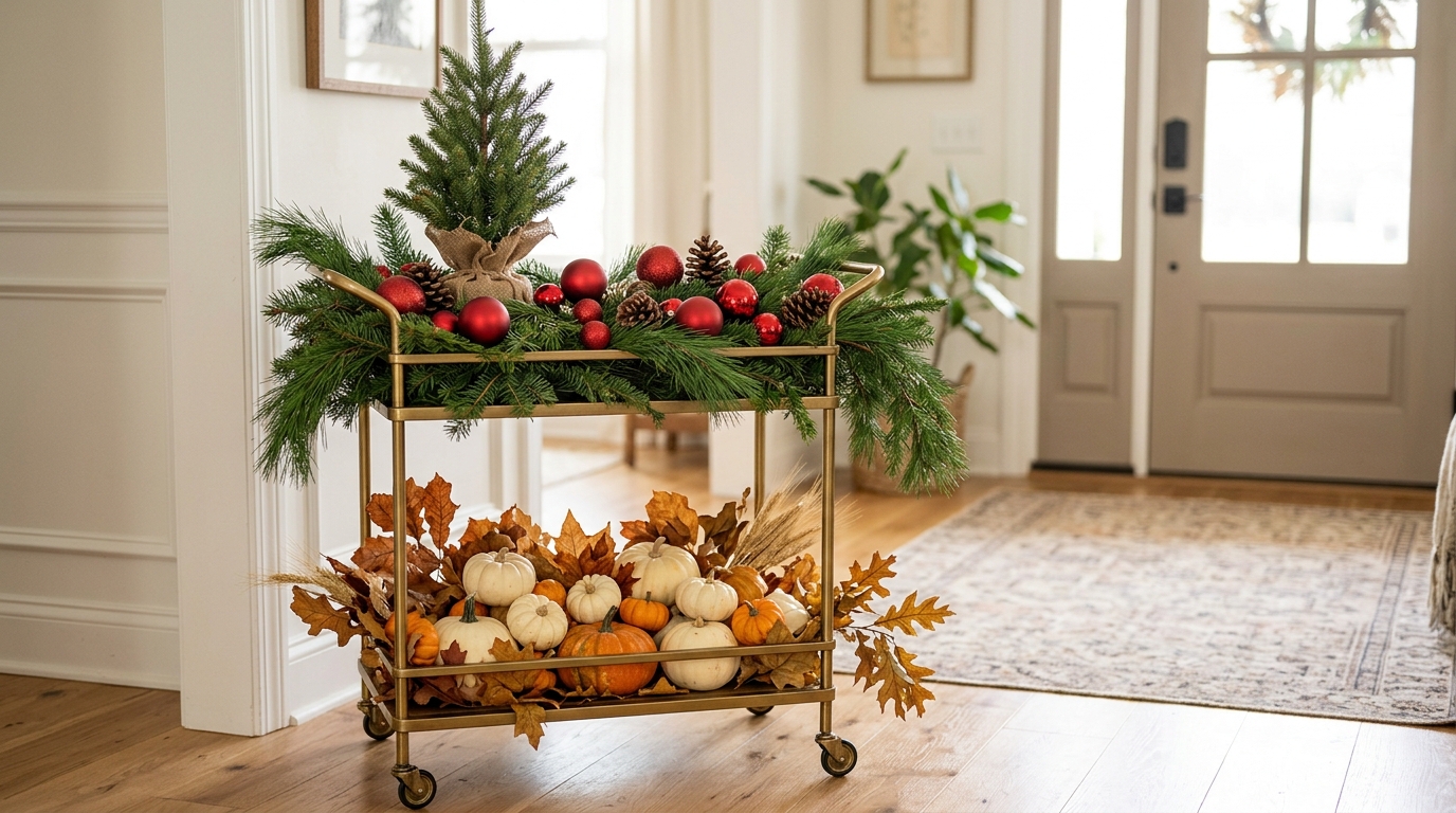 Two tier trolley with white pumpkins and autumn leaves below and pine and red ornaments above