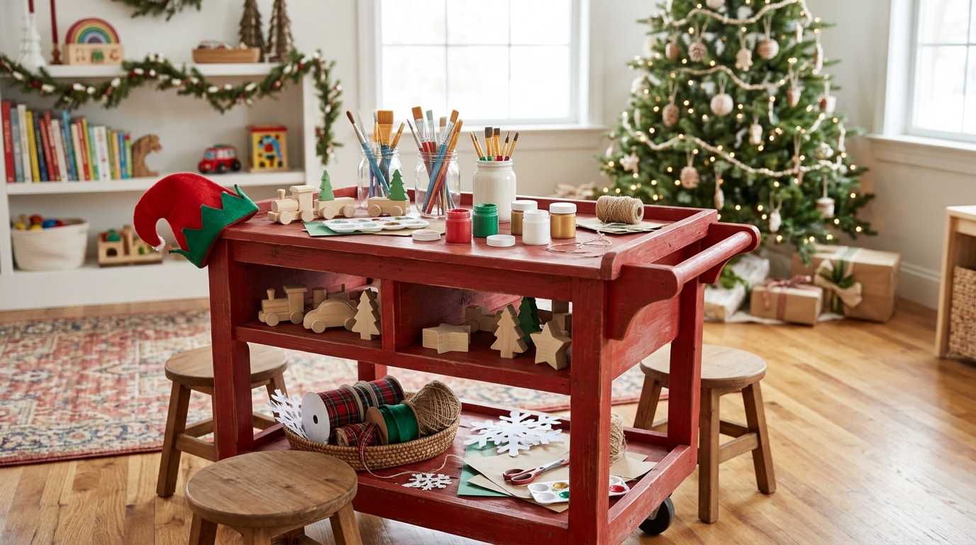 Child height red wooden trolley with wooden toys, paint pots, brushes and a felt elf hat