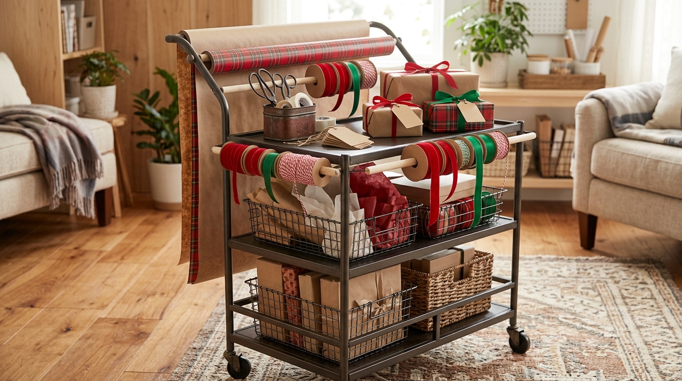 Christmas Bar Cart Ideas with kraft and plaid wrapping paper rolls, ribbon spools and tags on a metal cart