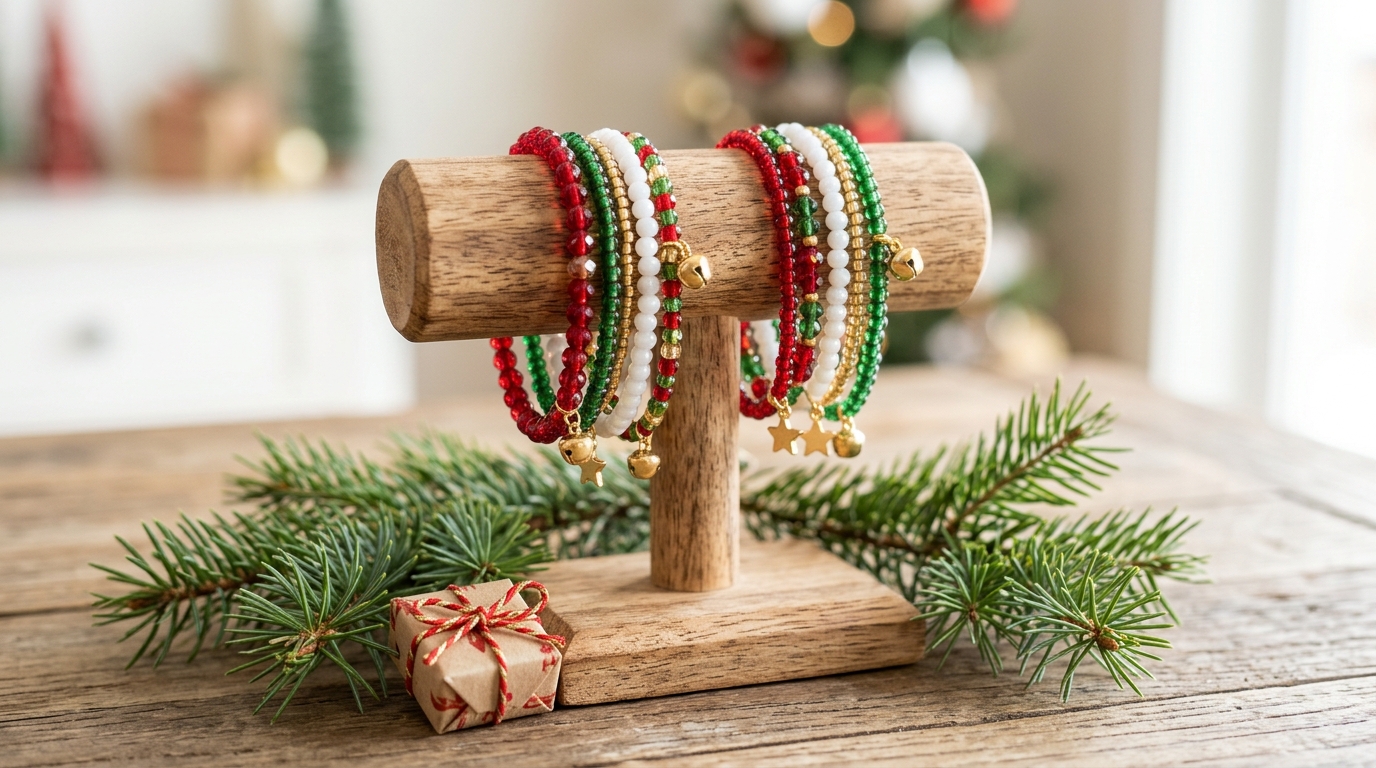 Taylor Swift friendship bracelets in Christmas red, green and gold on a wooden stand