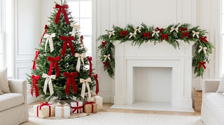 Christmas bow decor with red and cream velvet bows on a tree and a bow garland on a white mantel